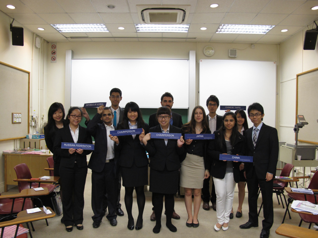 Mini Model UN participants (First from the left:  Catherine Tang and Fifth from the left:  Emily Kwan)