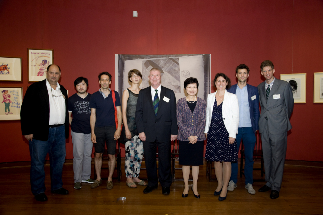 Prof. Karel Dudesek, Artist and Curator of the Embassy of The Arts  Mr. Allan Au, Artist  Mr. Franz Amann, Artist  Ms. Anna Hofbauer, Artist  Dr. Steven J. Cannon, HKU Executive Vice-President (Administration and Finance)  Mrs. Carrie Lam, GBS, JP, Chief Secretary for Administration, Government of the HKSAR  Dr. Claudia Reinprecht, MBA, Consul General of Austrian Consulate General in Hong Kong and Macau  Mr. Lukas Birk, Artist and Curator of the Embassy of The Arts  Dr. Florian Knothe, Director, University Museum and Art Gallery, HKU (From left to right)