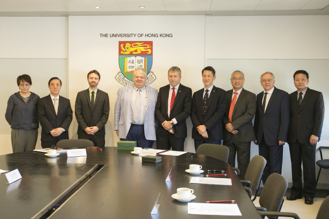 (From left) Professor Barbara Chan, Associate Dean (Research) of the Faculty of Engineering, HKU; Professor Bennett Yim, Associate Dean (Postgraduate) of the Faculty of Business and Economics, HKU;  Mr. Tom Windle, UCL Senior Partnership Manager (East and South East Asia); Professor David Price, UCL Vice-President and Vice-Provost (Research); Professor Peter Mathieson, HKU President and Vice-Chancellor; Professor W John Kao, HKU Vice-President and Pro-Vice-Chancellor (Global); Professor Michael Hor, Dean of the Faculty of Law, HKU; Professor Stephen Andrews, Dean of the Faculty of Education, HKU; Professor Rui Yang, Associate Dean (Cross-border/International Engagement) of the Faculty of Education, HKU.