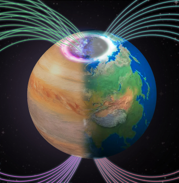 A conceptual image illustrating the different aurora between Earth and Jupiter. Image credit: Professor Zhonghua YAO
 